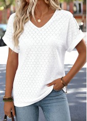 White tops,Plain Color tops,ROTITA Tummy Coverage White V Neck Short Sleeve T Shirt