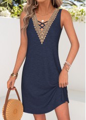 Navy dresses,Plain Color dresses,Everyday dresses,Casual dresses,ROTITA Tummy Coverage Navy Short V Neck Sleeveless Dress