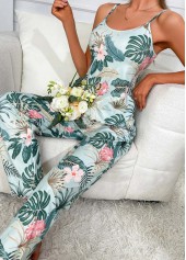 Turquoise loungewear,Plants loungewear,Tropical Plants Print Turquoise Strappy Lounge Top and Pants