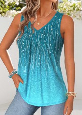 Turquoise tops,Ombre tops,ROTITA Patchwork Ombre Turquoise V Neck Sleeveless Tank Top