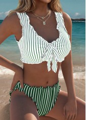 ROTITA Light Green Bowknot Striped Mid Waisted Bikini Set
