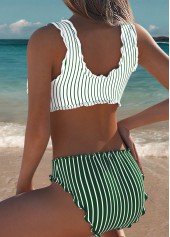 Light Green swimwear,Striped swimwear,Geometric swimwear,ROTITA Light Green Bowknot Striped Mid Waisted Bikini Set