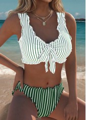 Light Green swimwear,Striped swimwear,Geometric swimwear,ROTITA Light Green Bowknot Striped Mid Waisted Bikini Set