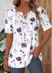 ROTITA Tuck Stitch Floral Print White Split Neck T Shirt