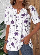 White tops,Floral tops,Plants tops,ROTITA Tuck Stitch Floral Print White Split Neck T Shirt