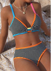 Black swimwear,Plaid swimwear,Geometric swimwear,ROTITA Black Pull On Gingham Print Mid Waisted Bikini Set
