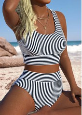 Black swimwear,Striped swimwear,Geometric swimwear,ROTITA Black Striped High Waisted Bikini Set