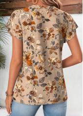 Light Camel tops,Floral tops,Plants tops,ROTITA Floral Print Light Camel Split Neck Short Sleeve Blouse