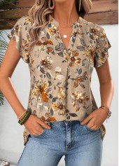 Light Camel tops,Floral tops,Plants tops,ROTITA Floral Print Light Camel Split Neck Short Sleeve Blouse