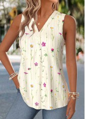 Beige tops,Floral tops,Plants tops,ROTITA Curved Hem Floral Print Beige V Neck Tank Top