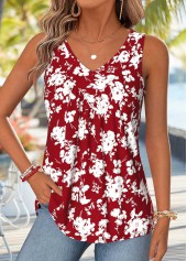 ROTITA Patchwork Floral Print Red V Neck Sleeveless Tank Top