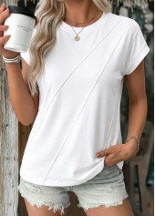 ROTITA Tuck Stitch White Round Neck Short Sleeve T Shirt