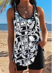 ROTITA Black Curved Hem Tropical Plants Print Tankini Set