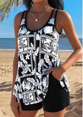 Black swimwear,Plants swimwear,ROTITA Black Curved Hem Tropical Plants Print Tankini Set