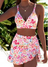 Pink swimwear,Ditsy Floral swimwear,ROTITA Pink Three-piece Ditsy Floral Print Mid Waisted Bikini Set