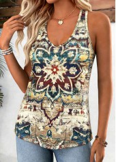 Multi Color tops,Tribal tops,ROTITA Curved Hem Tribal Print Multi Color Sleeveless Tank Top