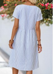 Dusty Blue dresses,Striped dresses,Geometric dresses,Casual dresses,ROTITA Dusty Blue Striped Shirred Round Neck Short Sleeve Dress