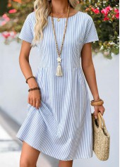 Dusty Blue dresses,Striped dresses,Geometric dresses,Casual dresses,ROTITA Dusty Blue Striped Shirred Round Neck Short Sleeve Dress