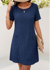 Navy dresses,Plain Color dresses,Casual dresses,ROTITA Navy Patch Pocket Round Neck Short Sleeve Dress