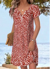 Red dresses,Ditsy Floral dresses,Vacation dresses,Vacation dresses,ROTITA Red Ditsy Floral Print Tuck Stitch Short Dress