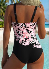 Pink swimwear,Black swimwear,Paisley swimwear,Floral swimwear,Plants swimwear,ROTITA Pink Paisley Print One Piece Swimwear