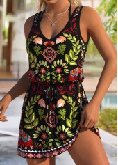 Black swimwear,Plants swimwear,ROTITA Tummy Coverage Black Leaf Print Cover Up