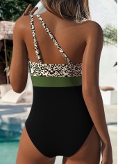 Black swimwear,Leopard swimwear,Animal Print swimwear,ROTITA Black Asymmetric Leopard One Piece Swimwear