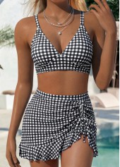 ROTITA Black Curved Hem Gingham Print Mid Waisted Bikini Set