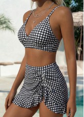 Black swimwear,Plaid swimwear,Geometric swimwear,ROTITA Black Curved Hem Gingham Print Mid Waisted Bikini Set