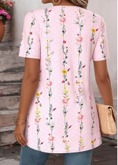 Light Pink tops,Ditsy Floral tops,ROTITA Ditsy Floral Print Light Pink Fake Two Piece Twinset