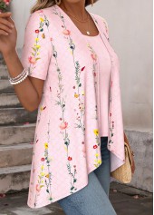 Light Pink tops,Ditsy Floral tops,ROTITA Ditsy Floral Print Light Pink Fake Two Piece Twinset