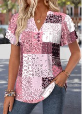 ROTITA Curved Hem Tribal Print Pink Split Neck T Shirt