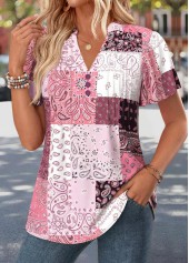Pink tops,Tribal tops,ROTITA Curved Hem Tribal Print Pink Split Neck T Shirt
