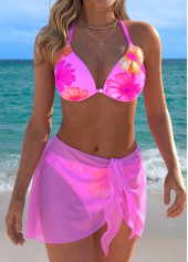 ROTITA Pink Three-piece Floral Print Low Waisted Bikini Set