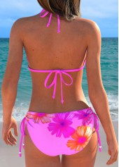 Pink swimwear,Floral swimwear,Plants swimwear,ROTITA Pink Three-piece Floral Print Low Waisted Bikini Set