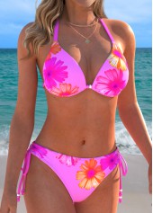 Pink swimwear,Floral swimwear,Plants swimwear,ROTITA Pink Three-piece Floral Print Low Waisted Bikini Set