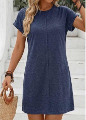 Navy dresses,Plain Color dresses,Vacation dresses,ROTITA Navy Tuck Stitch Short Round Neck Dress