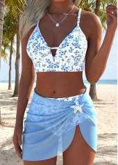Blue swimwear,Ditsy Floral swimwear,ROTITA Blue Three-piece Ditsy Floral Print Mid Waisted Bikini Set