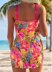 Coral swimwear,Plants swimwear,ROTITA Coral Curved Hem Tropical Plants Print One Piece Swimdress
