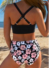 Black swimwear,Floral swimwear,Plants swimwear,ROTITA Black Surplice Floral Print Mid Waisted Bikini Set
