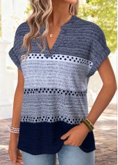Blue plus size,Striped plus size,Geometric plus size,ROTITA Plus Size Blue Striped Split Neck T Shirt