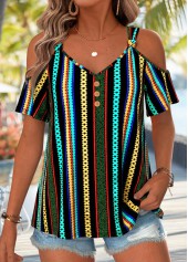 ROTITA Twist Geometric Print Multi Color V Neck T Shirt