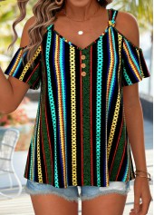 Multi Color tops,Geometric tops,ROTITA Twist Geometric Print Multi Color V Neck T Shirt