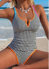 Black swimwear,Plaid swimwear,Geometric swimwear,ROTITA Black Patchwork Gingham Print Mid Waisted Tankini Set