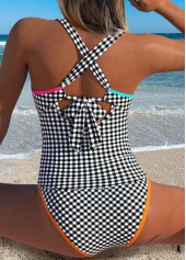 Black swimwear,Plaid swimwear,Geometric swimwear,ROTITA Black Patchwork Gingham Print Mid Waisted Tankini Set