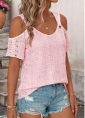 Pink tops,Plain Color tops,ROTITA Cut Out Pink Scoop Neck Short Sleeve T Shirt