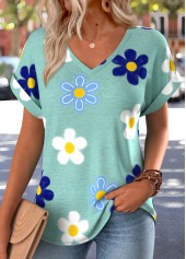 ROTITA Patch Pocket Floral Print Green V Neck T Shirt