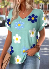 Green tops,Floral tops,Plants tops,ROTITA Patch Pocket Floral Print Green V Neck T Shirt