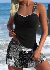 Black swimwear,Paisley swimwear,ROTITA Black Drawstring Paisley Print Mid Waisted Tankini Set
