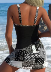 Black swimwear,Paisley swimwear,ROTITA Black Drawstring Paisley Print Mid Waisted Tankini Set